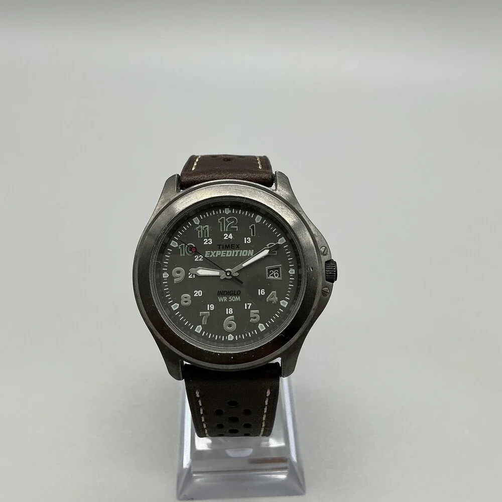 Timex Expedition Indiglo Mens Watch 40mm Gray Dial Brown Leather 50M New Battery